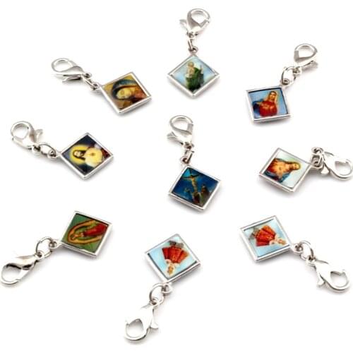 9pcs Mixed Enamel square Jesus Christ Icon Religious Charms Bead with Lobster clasp Fit Charm Bracelet DIY Jewelry 13.2x30mm