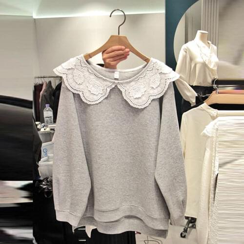Korean Style Hoody Lace Wild Sweatshirts Women 2019 Autumn New Casual Fashion Ladies Sweatshirts Solid Color Tops Female