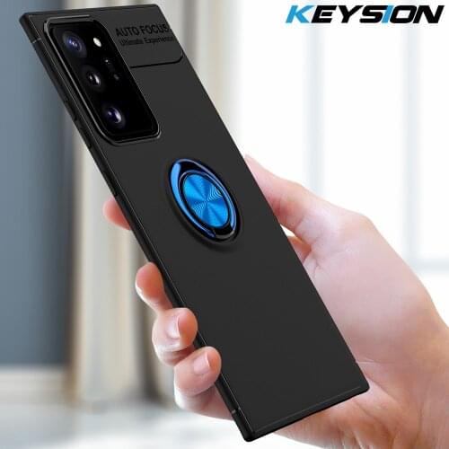 KEYSION Shockproof Case For Samsung Note 20 Ultra Soft Silicone Magnetic Metal Ring Stand Phone back cover for Galaxy Note 20