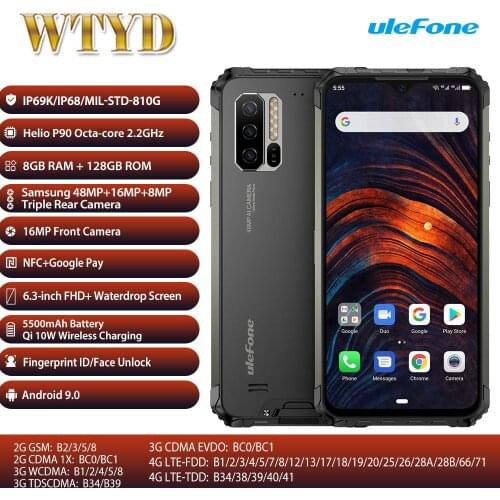 Ulefone Armor 7 IP68 Waterproof Mobile Phone 6.3'' 8GB+128GB Helio P90 Octa Core 48MP Triple Camera Wireless Charging Smartphone