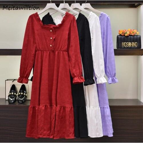 Spring Women Long Sleeve Dress 2021 Retro Square Collar Solid A-Line Dress Elegant High Waist Party Dresses