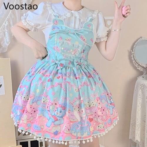 Japanese Sweet Lolita Jsk Dress Women Victorian Cute Bow Cartoon Bear Print Princess Mini Dress Girls Kawaii Party Strap Dresses