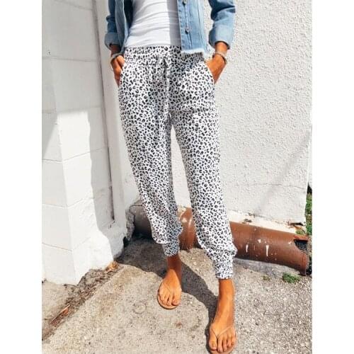 Female Trousers Boyfriend Cargo Pants Women Fabric Leisure Leopard Print Drawstring Elastic Waist Jogging Womens Pants Casual