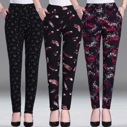 2021 Autumn Winter Pants Print Elastic High Waist Trousers Pantalon Female Bottom Thick Warm Plus Size Pencil Pants Women X653
