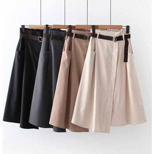 Women Casual Skirts Solid High Waist Irregular Pockets Midi Skirts
