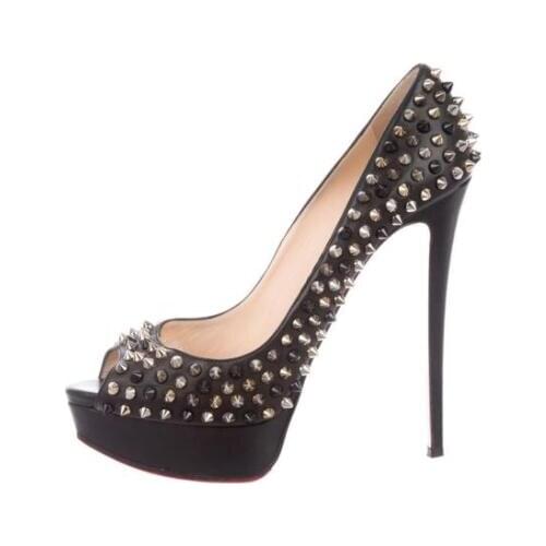 Moraima Snc Mixed Colors Rivets Studded High Heel Shoes Sexy Peep Toe Platform Pumps for Women 14CM Thin Heels Party Dress Shoes
