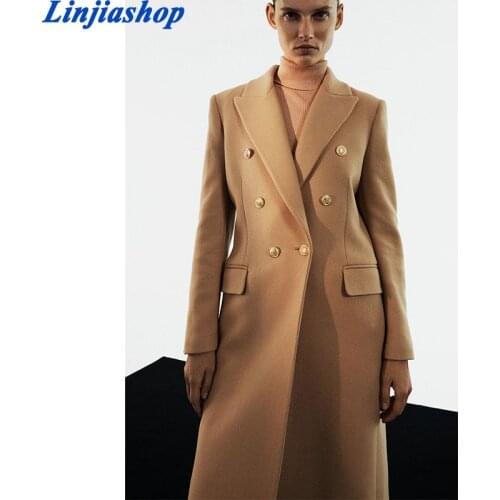 Za Winter Long Coat Trench Women Lapel Collar Camel Double Breasted Long Sleeve Jacket Vintage Pockets Casual Ladies Coats