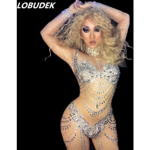 Female Bright crystals costumes sexy Jumpsuits rhinestones bodysuit performance DJ DS stone Singer Dance Nightclub prom party