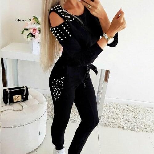 Women Tracksuit Autumn Cold Shouder Tops High Waist Bandage Pants 2Pcs Set Lady Winter Beads Long Sleeve Suits Dropshipping