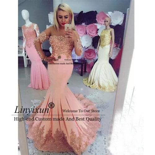 Peach Mermaid Long Sleeve Bead Lace Prom Dresses Women Party Carpet Dress Celebrity Formal Long Evening Gowns Custom Made