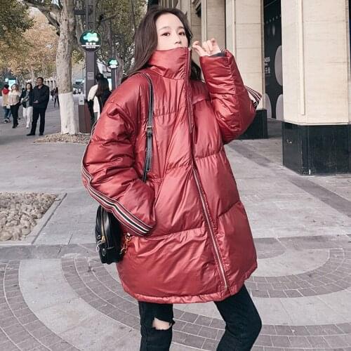 Waterproof Coat Women Winter Cotton Jacket 2021 New Wine Red White Duck Down Loose Thickened Section Stitching Fashion Shiny