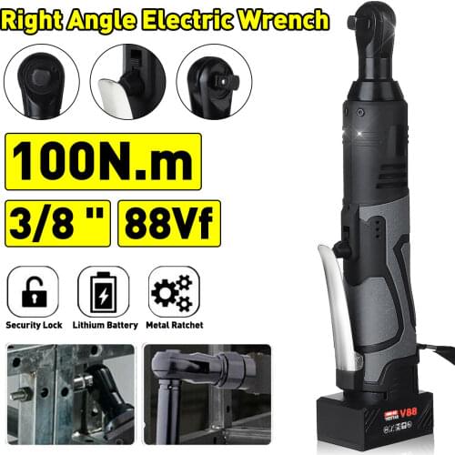 100N.m 88VF Electric Wrench 3/8" Ratchet Wrench Set 90 Degree Angle Drill Screwdriver Wrench Tools with 2 Battery Charger Kit