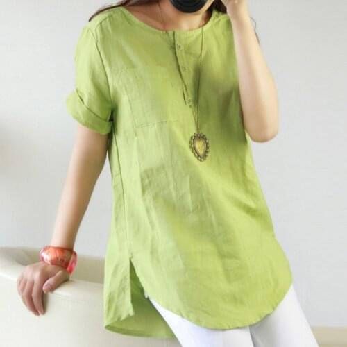 40#Women Blouse Cotton Linen Summer Casual Short Sleeve Loose Shirt Blouse O Neck Solid Elegant Tops Aesthetic Clothes рубашка