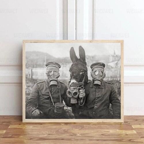 World War i Black White Photo Poster Prints a Donkey and Two German Soldiers Antique Photography Wall Art Canvas Painting Decor