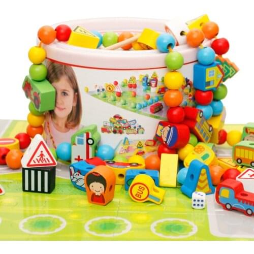 82 pcs / pack Cartoon Animals Wooden Toys Hedgehog Fruit Beads Tying Threading Spheres Game Toys for Baby Kids Children M73