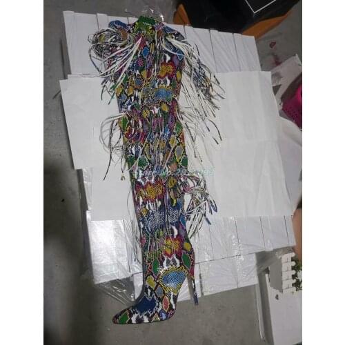 Tassel Long Boots Belted Stiletto High Heeled Sexy Pointed Toe Snake SKin Mixed Color Winter Women Boot Zipper Over Knee Stiefel