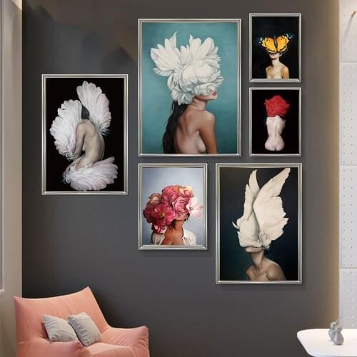 Head Flower Feather Wings Girl Art Canvas Print Painting Nordic Figure Women Living Room Wall Picture Home Decoration Poster