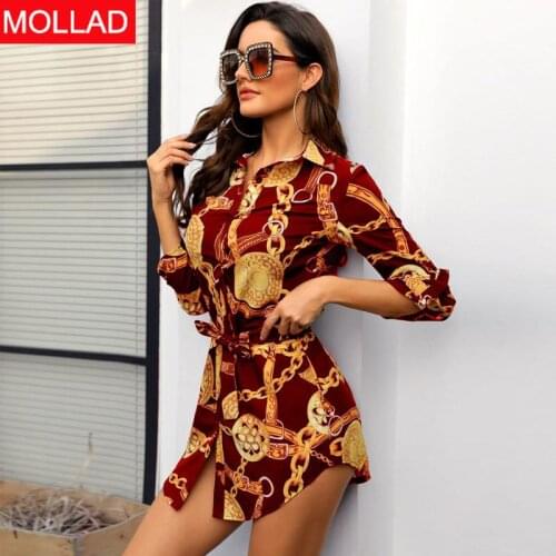 Hot Europe and America Womens Clothing AliExpress Sexy Chain Print Dress Spring and Autumn Shirt Dresses for Women