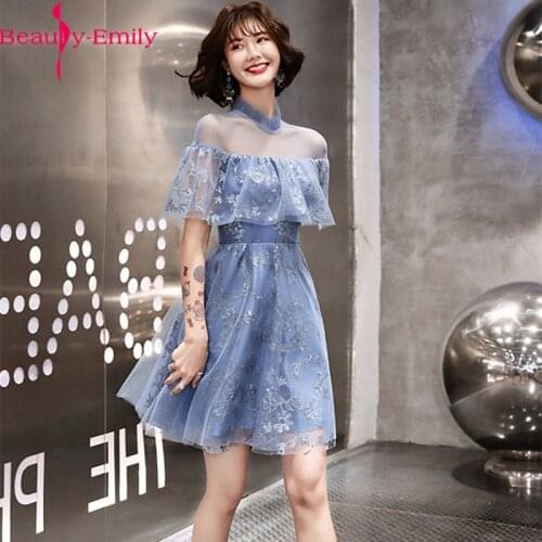 Fashion High Neck Short Sleeve Illusion Prom Dress 2020 Appliques Lace up Back Mini Tulle Woman Party Dresses Real Photo