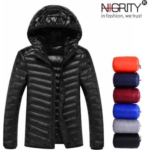 NIGRITY 2019 Autumn Winter Light Down Jacket Mens Fashion Hooded Short Large Ultra-thin Lightweight Youth Slim Coat Size S-5XL