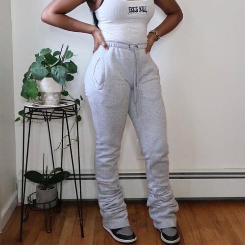 Autumn Winter Warm Solid Color Stacked Sweatpants for Women Female Stacked Leggings Joggers Trousers Flare Pleated Pants