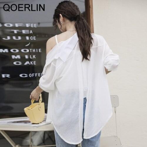 QOERLIN Sexy Thin Transparent Summer Beach Tops Shirts Women Black Split See Through Blouse Streetwear Loose Casual Long Blusas