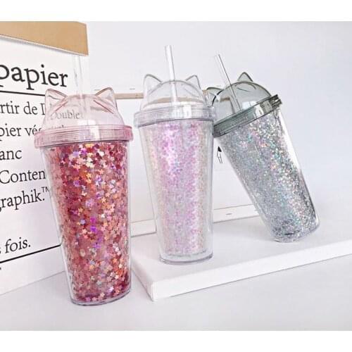 I500ml Drinking cup cute creative cat ear shape glitter star plastic straw water bottle creative personality student girl gift