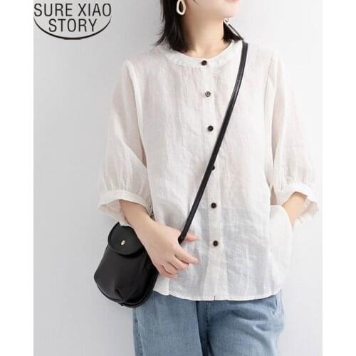 Summer Linen Shirts Women Vintage Tops Short Sleeve Puff Sleeve Plus Size Clothing Ladies Loose Female Shirt Blouse Casual 13626