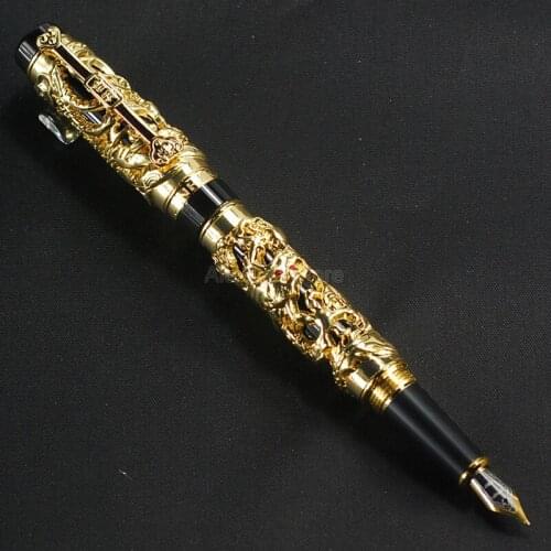 Jinhao Exquisite Dragon Phoenix Vintage Fountain Pen, Metal Carving Embossing Heavy Pen, Golden & Black for Office School