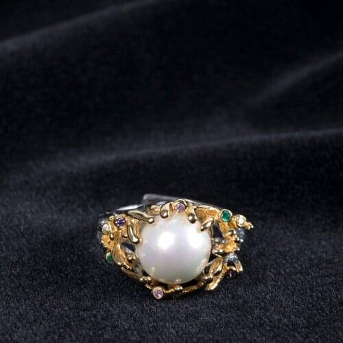 Silver Fan Design Micro S925 Pure Silver Inlay Zircon Ring Archaize Style Blooming Flowers Shell Pearl Has Ring Opening