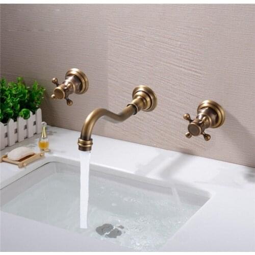 Antique Brass Bathroom Sink Mixer Tap Faucet Dual Handles 3 Holes Mixer Tap Wall Mounted Bathroom Faucet ZD181