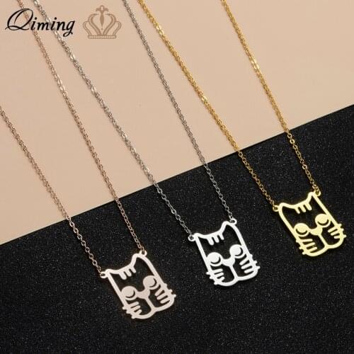 QIMING Super Cute Cat Face Shaped Necklace For Women Baby Children Handmade Animal Jewelry Lovely Choker Necklace