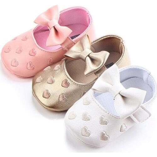 Baby PU Leather Shoes Love Heart Bow Infant Girls Shoes Bow Soft Soled Non-slip Footwear Crib Shoes