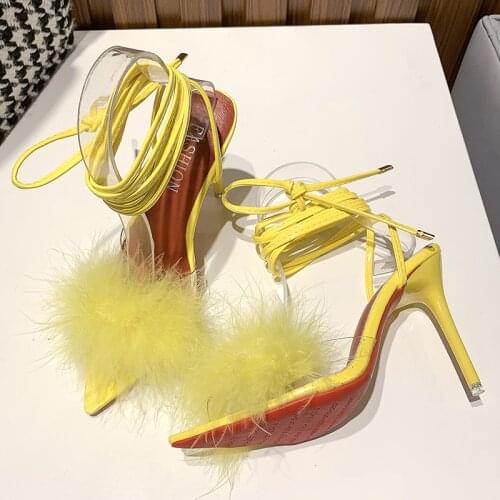 Summer Woman Fine with Pumps PVC Transparent Feather Perspex Crystal High Heels Fur Peep Toe Mules Sandals Ladies Bandage Shoes