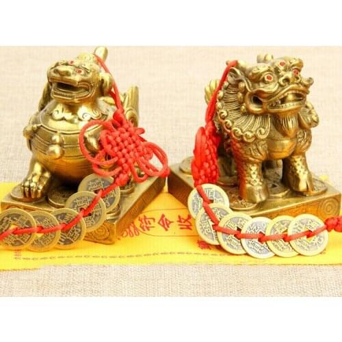3.6"H Vintage Pair sacred Brave troops Bronze dragon Pixiu statue ~Wish U Wealth