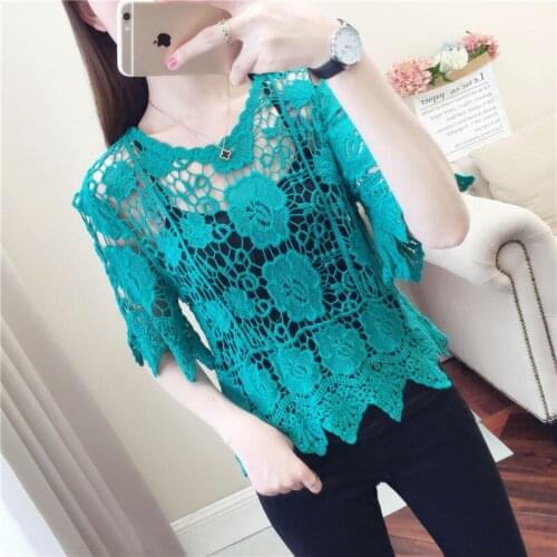 Women Blouse Spring Summer Hollow-out Crocheted Blouse Sling Mid-Sleeve Lace Shirt Knitted Top Blusas Mujer De Moda