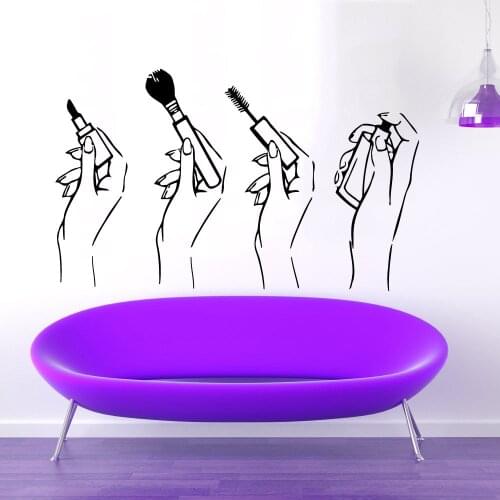 Beauty Salon Wall Decal Women Hands Make up Vinyl Sticker Girls Room Decor Mascara Lipstick Art Decals Bedroom Decoration Z936