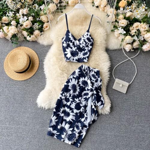 Womens Spring Summer Runway Fashion Short Top Blue Print 2 pcs Slip Dress Female Chic Travel Vintage Beach Dress TB1831