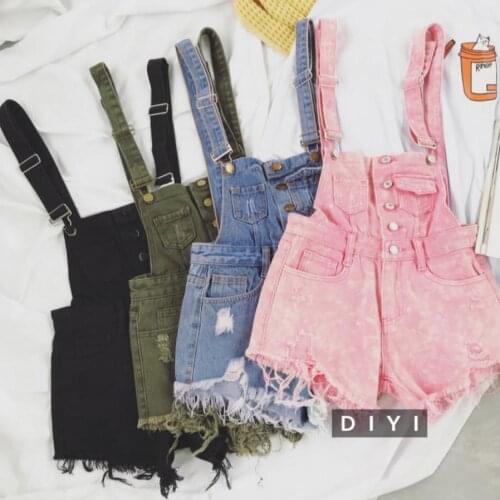 Women Denim Jeans Single-breasted Casual Hole Jumpsuit Romper Overalls jeans shorts