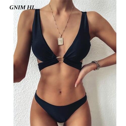 GNIM Sexy Black Swimwear Women Two Pieces Backless Bikini Mujer 2020 Summer Beachwear Biquini High Cut Brazilian Swimsuit Women
