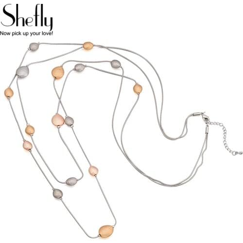 Double Layred Long Necklace for Women Sweater Chains Gold Tibetan Silvery Metal Oval Beads Necklaces Statement Jewelry 2020