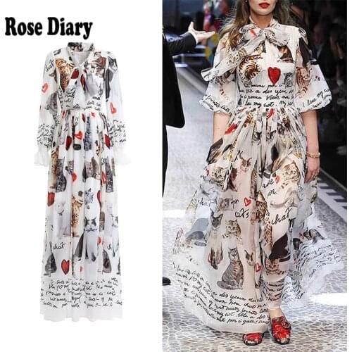 High Quality New Fashion Designer Runway Maxi Chiffon Dress Womens Long Sleeve Casual Animal Cat Letter Printing Long Dress