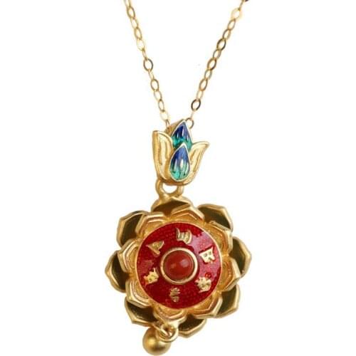 Prayer Wheel Six Words Mantra Sterling Silver Handmade Ethnic Style Antique Enamel Color Womens Luck Bringer Necklace Clavicle