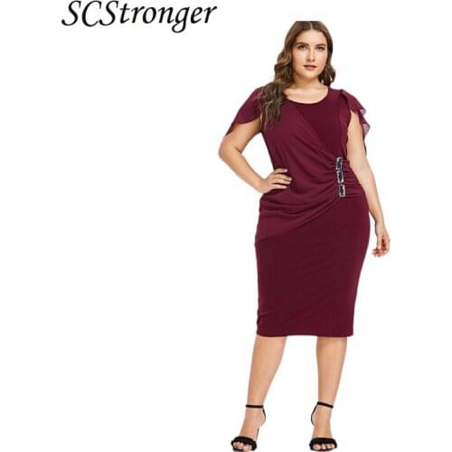 SCSTRONGER Summer Round Neck Short Sleeved Plus Size Dress Chiffon Shawl Tight Fitting Knee Length Dress Вечернее Платье2021