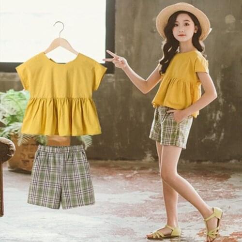 Children Girls Clothing Outfit Set Short Sleeve Tee +Flower Plaid Hot Shorts for 4-12 Year Kids Teen Girl Clothes Outfits 2 PCS