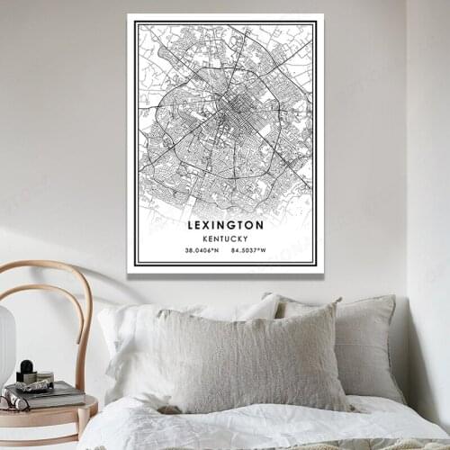 Abstract World City Map Canvas Painting LEXINGTON Line Wall Art Poster Print Black White Minimalist Home Decor