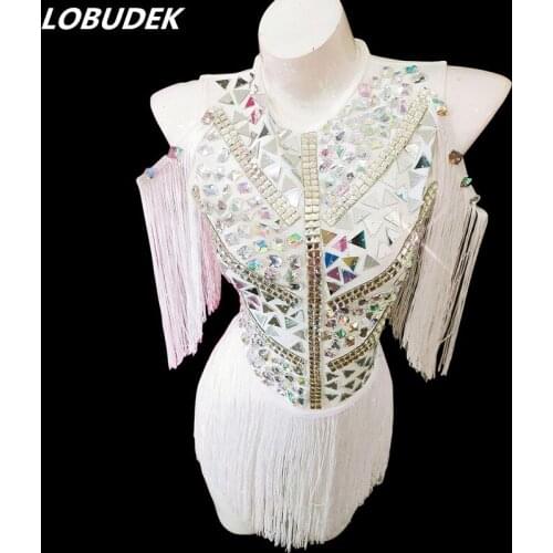 Sparkly AB Rhinestones Mirrors Off Shoulder Bodysuit White Tassels Tights Bar Nightclub DJ Female Singer Stage Wear Sexy Costume