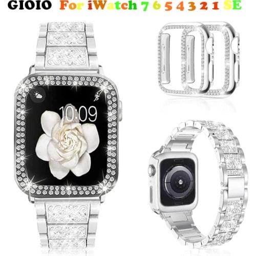 Compatible with Apple Watch Band with Case Women Strap with 2 Pack Bling PC Protective Cover for iWatch Series 6/5/4/3/2/1SE