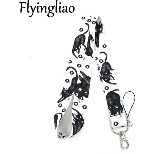 Black Cats Hearts Love Lanyard Keys Phone Holder Funny Neck Strap With Keyring ID Card DIY Animal webbings ribbons Hang Rope
