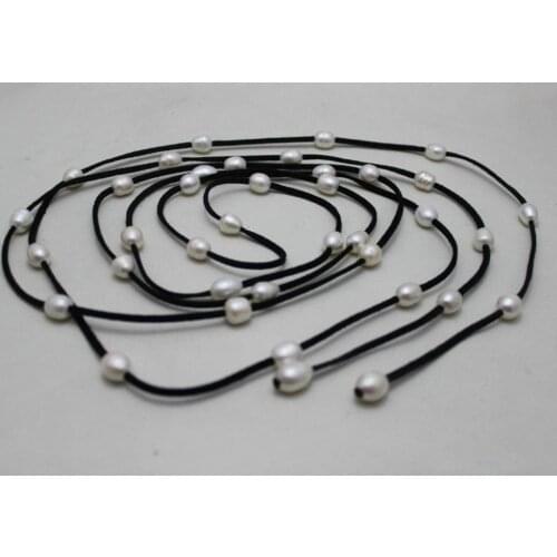 Handmade 96INCH Black Leather long necklace 36beads white Freshwater pearl 10x12mm Fashion Jewelry